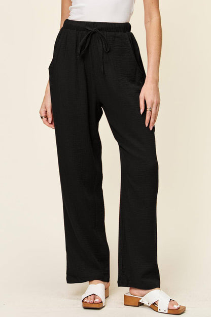 Double Take Full Size Texture Drawstring Straight Pants