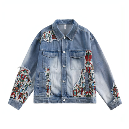 1. Stitching Embroidery Frayed Hem Denim Jacket Women