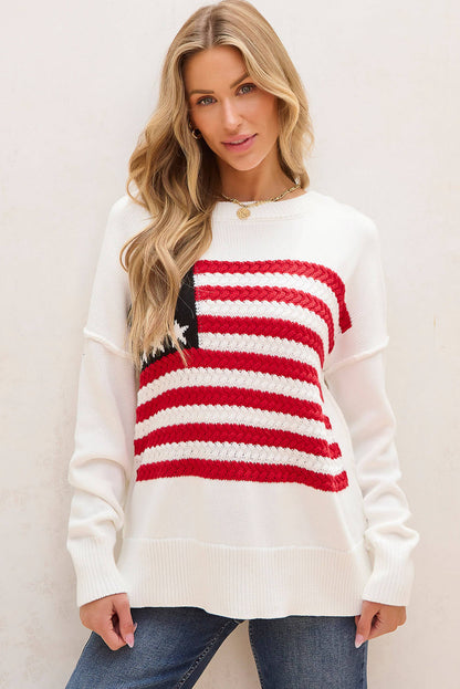 Hvit American Flag Cable Knit Drop Shoulder Genser