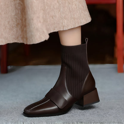 Large Brown Square Toe Mid-heel Soft Leather Shoes