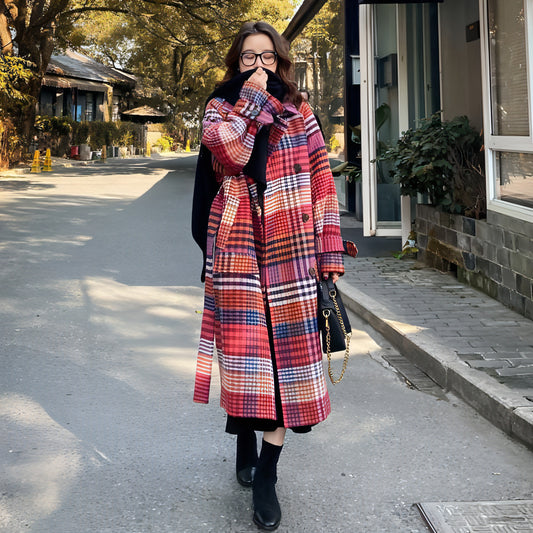 Nueva chaqueta de invierno de lana gruesa con cuadros retro para mujer, talla grande