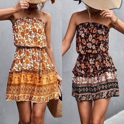 Women's Bohemian Floral Print Strapless Dress Summer Beach Dress