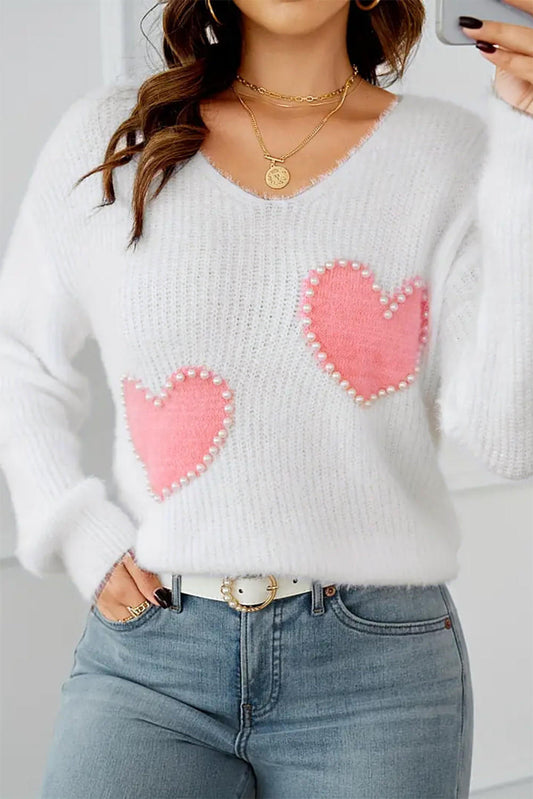 Hvit Pearl Beaded Heart Pattern Fuzzy V-hals genser