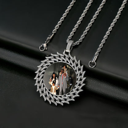 Personalized Round Diamond Sunflower Necklace – Custom Photo & Engraved Pendant