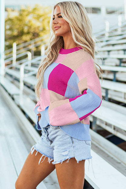 Rose Red Color Block Drop ombro Crewneck Logo Fit Sweater