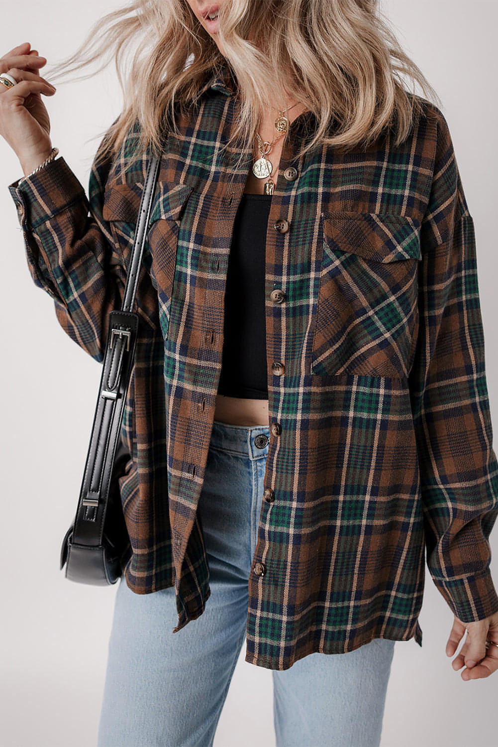 Bruine plaid print borstzakken geknoopt shirt jas