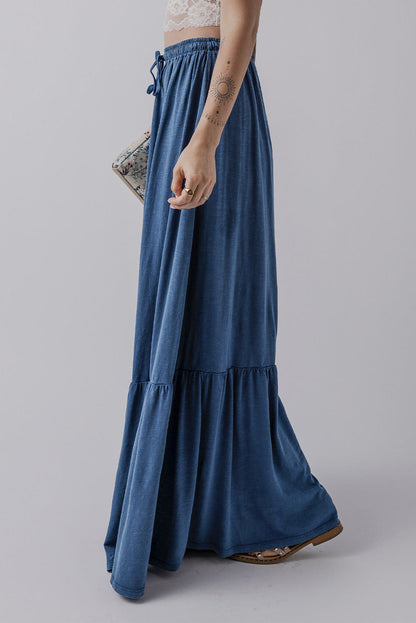 Zeil blauw vaste kleur veter omhoog hoge taille gelaagde maxi rok