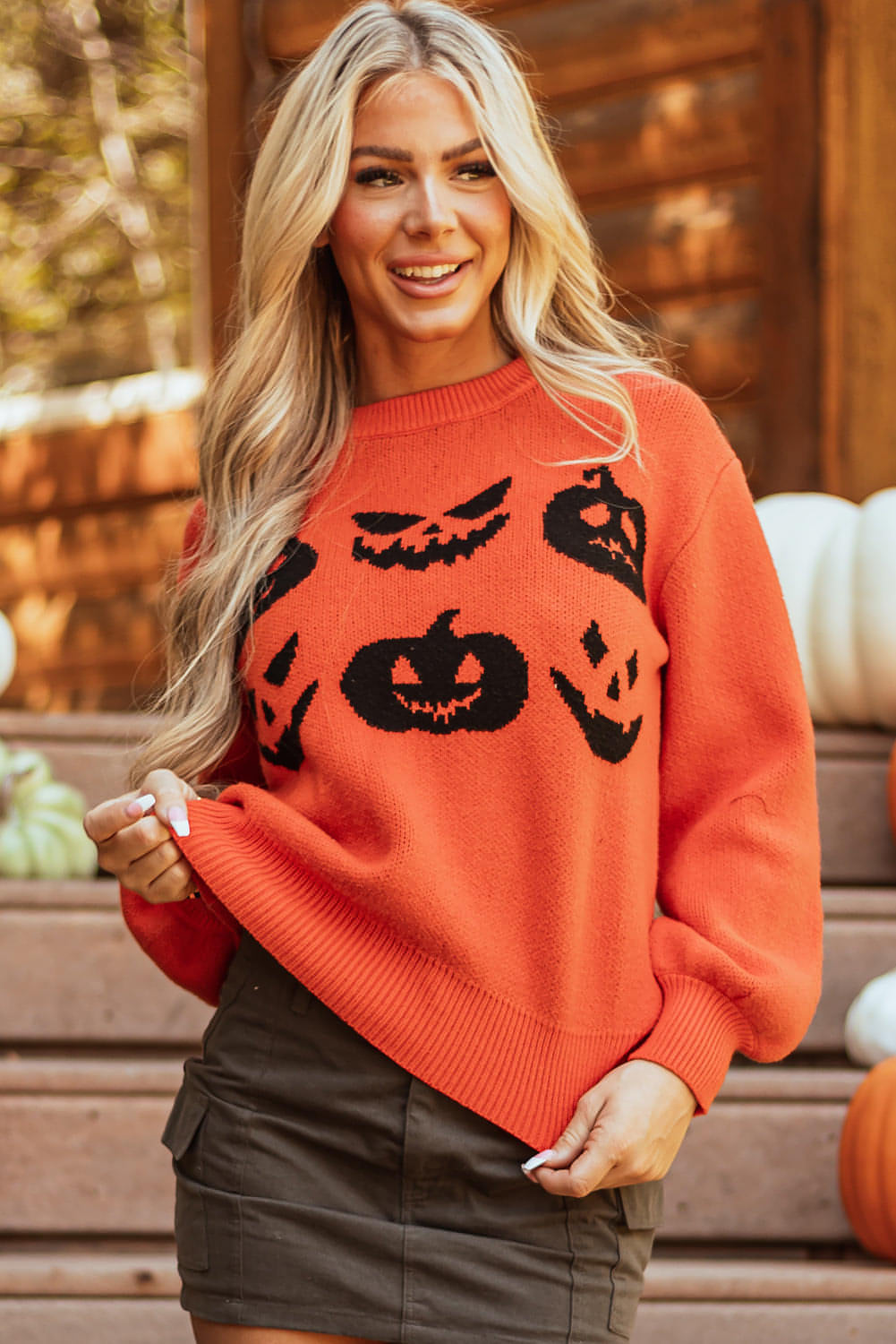 Orange Halloween Pumpkin Face Padrão Drop Sweter