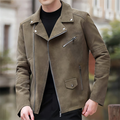 Chaqueta de cuello de traje para hombre con abrigo de cuero acolchado de terciopelo de moda