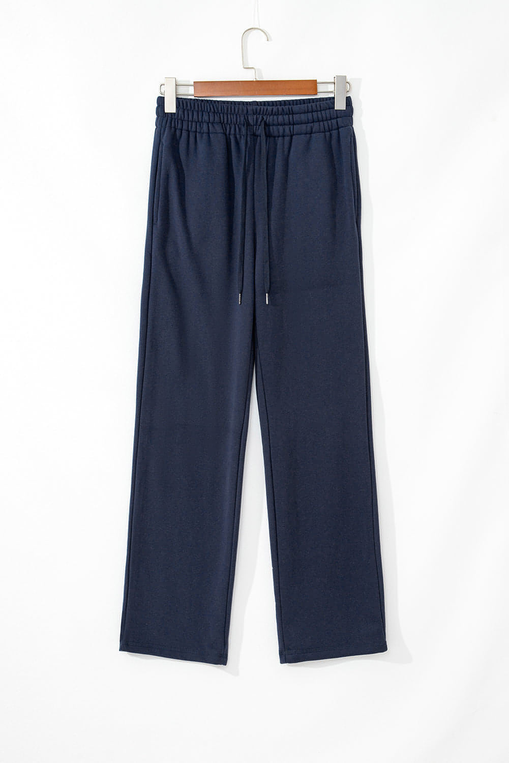 Navy Blue Solid Color Fleece Lined Drawstring Waist Casual Pants