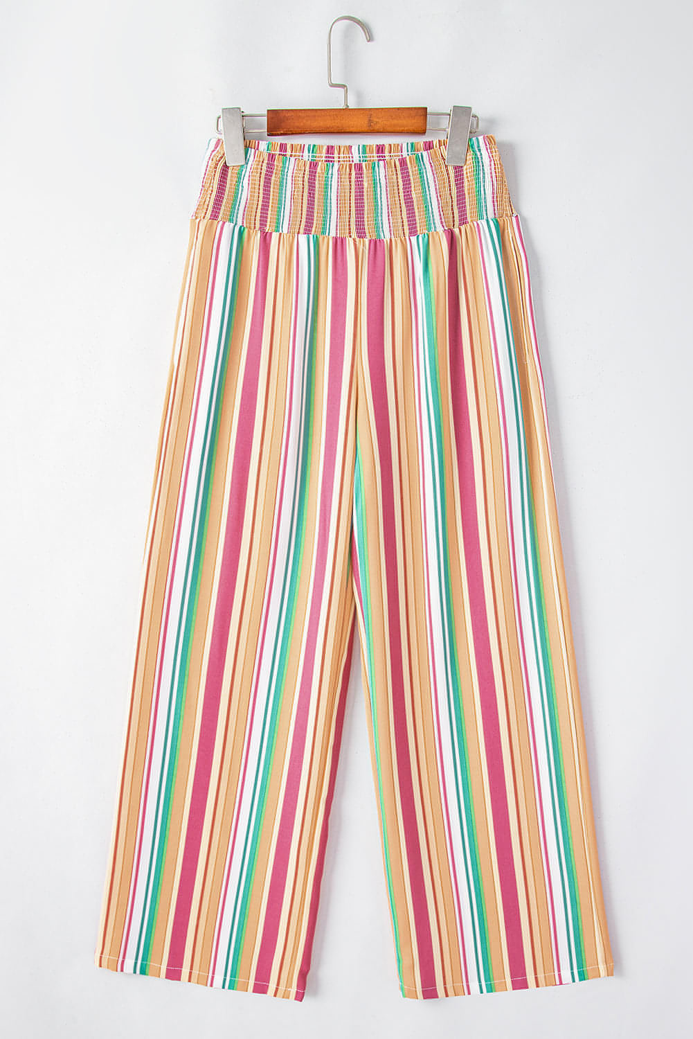 Pantalones de pierna ancha y cintura alta con frunces y rayas multicolores