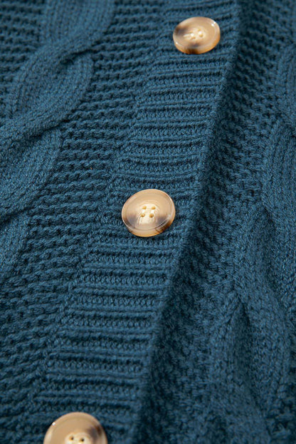 Peacock Blue Cable Knit Button Baggy Cardigan med frontlommer