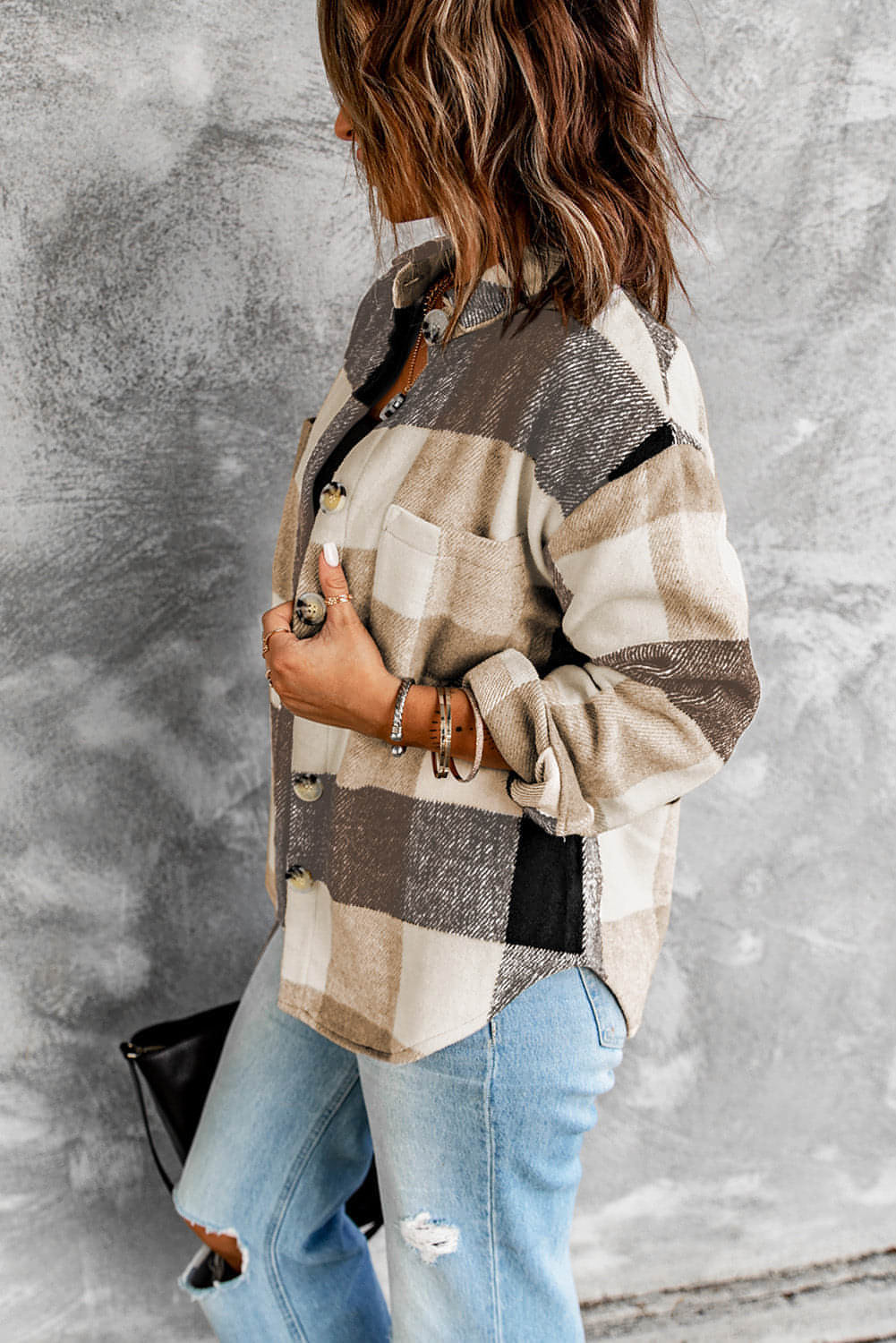 Khaki Plaid Color Block Buttoned Long Sleeve Jacke mit Tasche