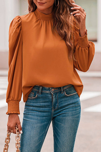 Laranja longa manga bolha mock rush chiffon blusa