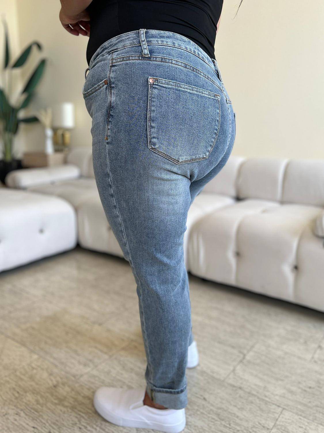 Judy azul em tamanho real da cintura alta jeans da bainha