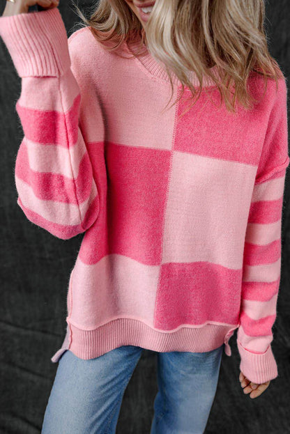 Maglione sciolto alto basso a righe color block a quadretti rosa