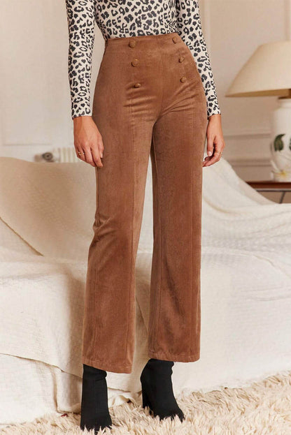 Chestnut Solid Color Double Breasted Straight Leg Pants