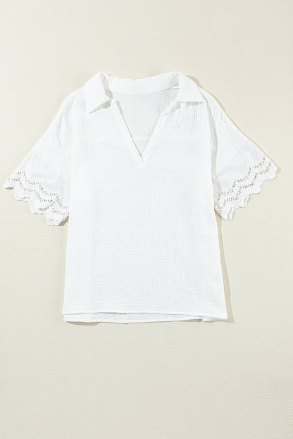 White Crinkled Lace Splicing Sleeve Collared V Neck Blouse