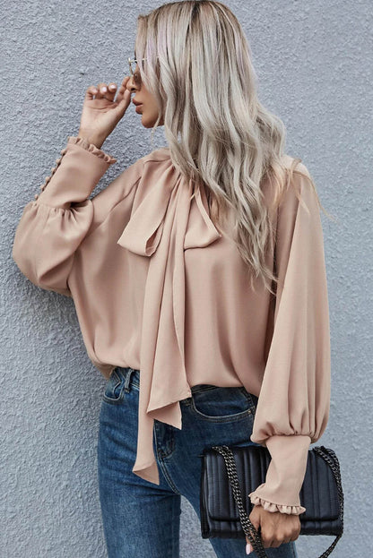 Khaki Frilled Knotted Mock Neck Bishop Sleeve Bluse