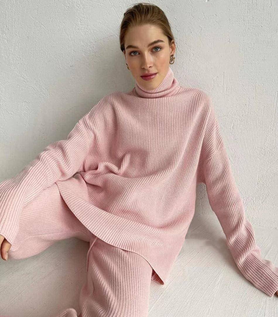 Casual Knitted Two-piece Turtleneck And Wide Leg Pants Women Loose Pullover Sweater