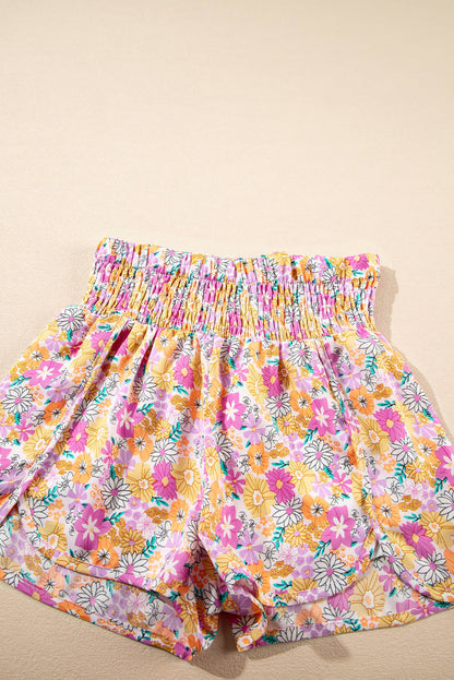 Pink Boho Floral Shirred High Waist Casual Shorts