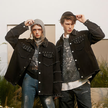 1. Chaqueta vaquera decorativa con remaches de estilo hip hop y rock de la marca High Street Fashion