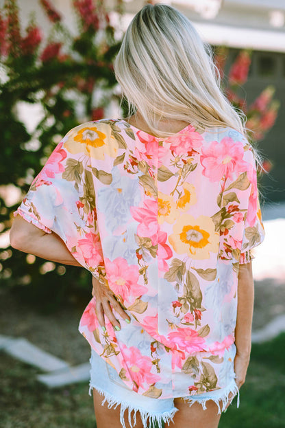 Mangue shirred 3/4 Blusa floral de manga solta