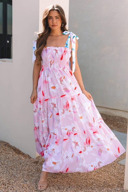 Rosa Floral Print Knotted Shoulder Smocked Maxi Dress