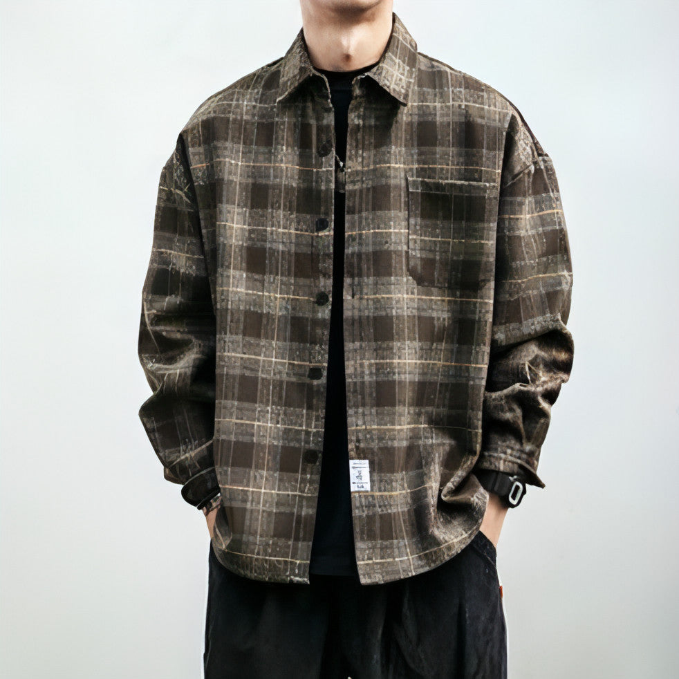 Autumn Winter Retro Sanding Padded Plaid DressShirt Men