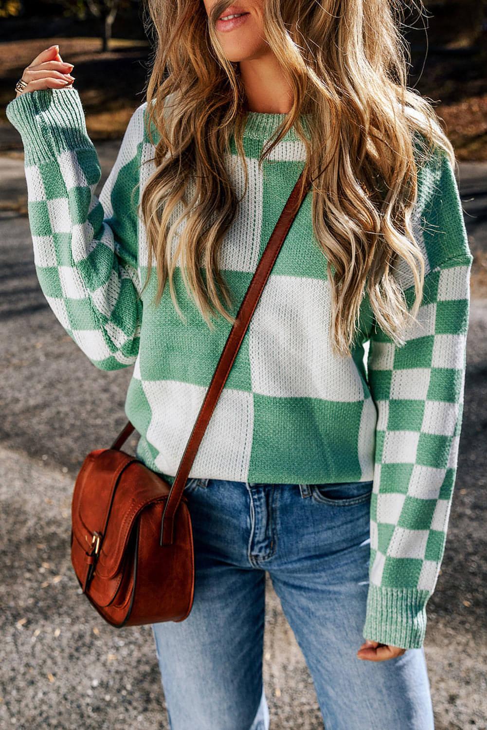 Mint Green Checkered Print Drop Shoulder tröja