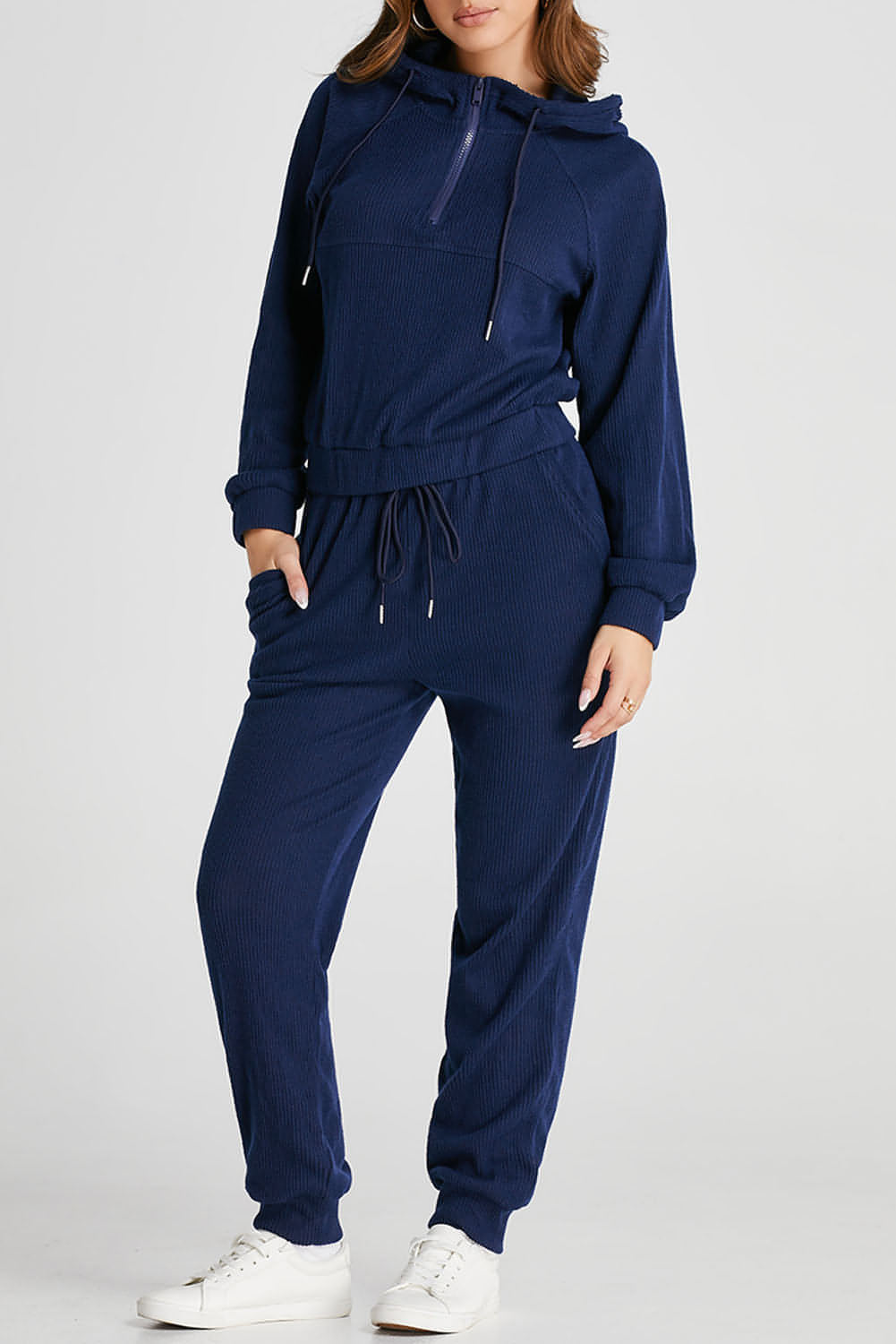 Marineblauwe geribbelde gebreide cropped hoodie en joggingbroek met trekkoord