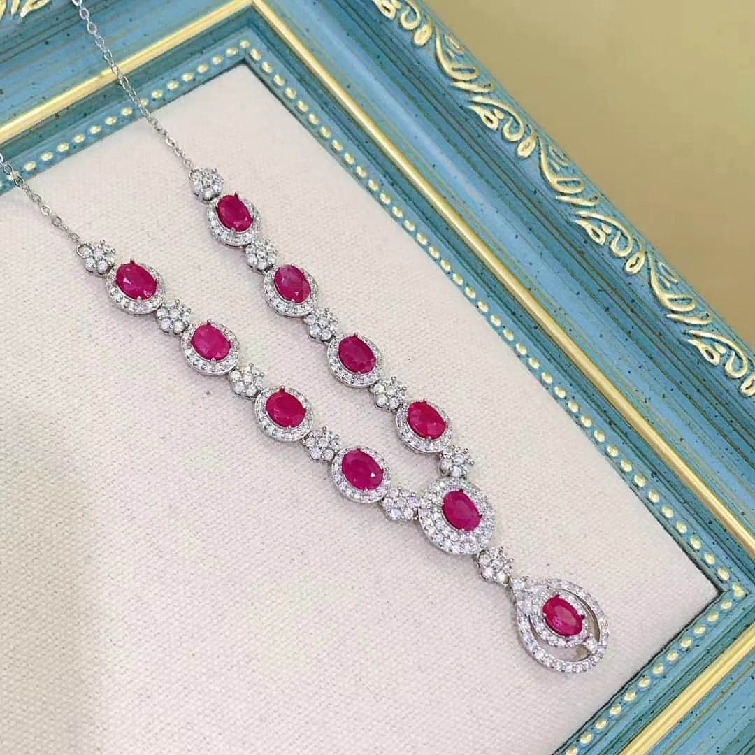 Women's 925 Silver Inlaid Natural Ruby Necklace