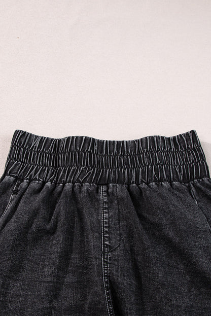 Black Smocked High Waist Mineral Washed Jean Shorts