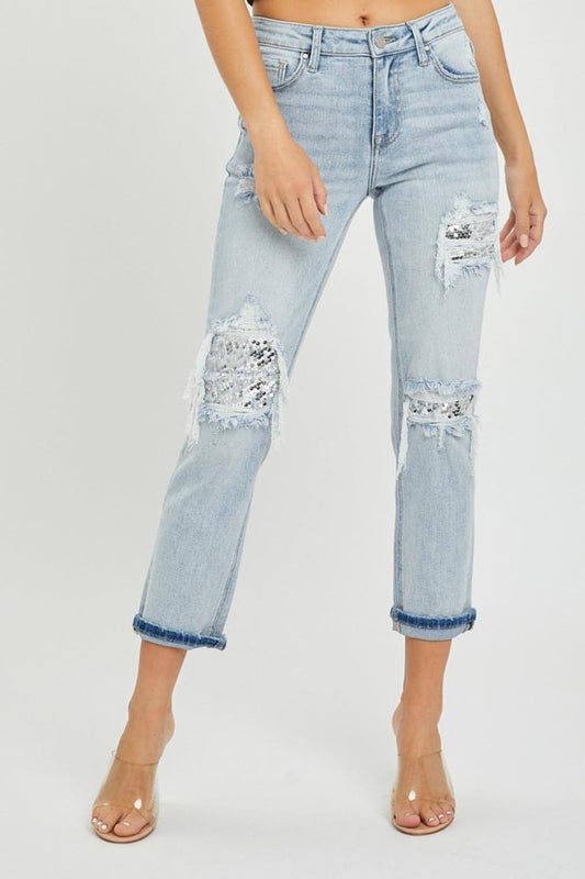 RISEN Jeans mit mittelhohem Bund und Pailletten-Patches