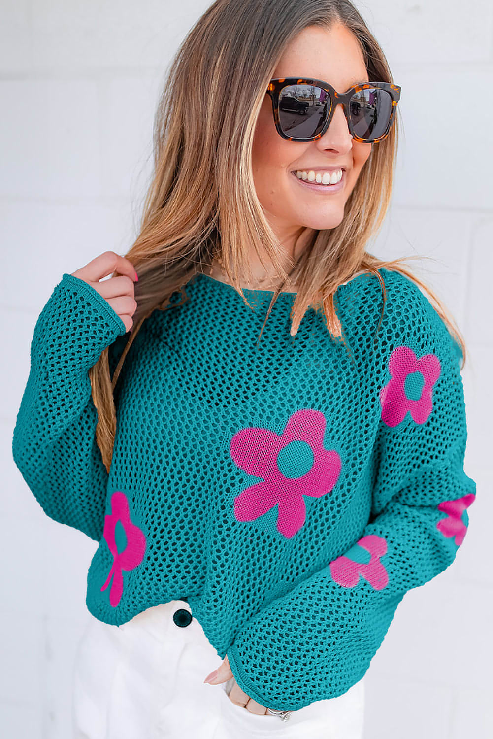 Sea Green Big Flower Hollowed Knit Drop Shoulder tröja