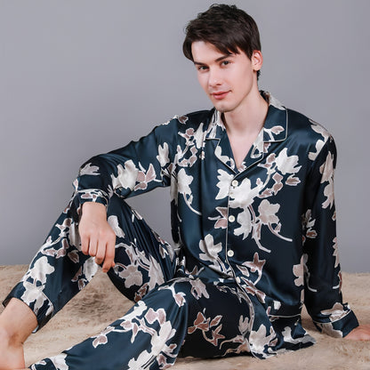 Pijamas de hombre de seda de primavera de manga larga para estar en casa