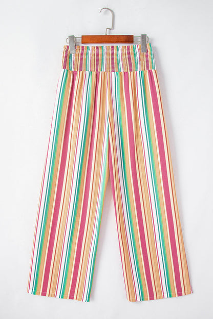 Pantalones de pierna ancha y cintura alta con frunces y rayas multicolores