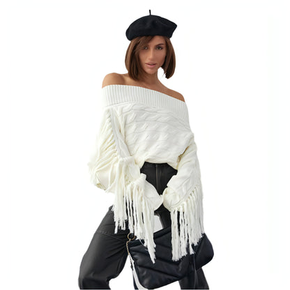 A Pure Color Elegant Style Woolen Tassel Design Sweater  Women