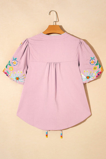 Pink Floral Embroidered Puff Sleeve Split Neck Blouse