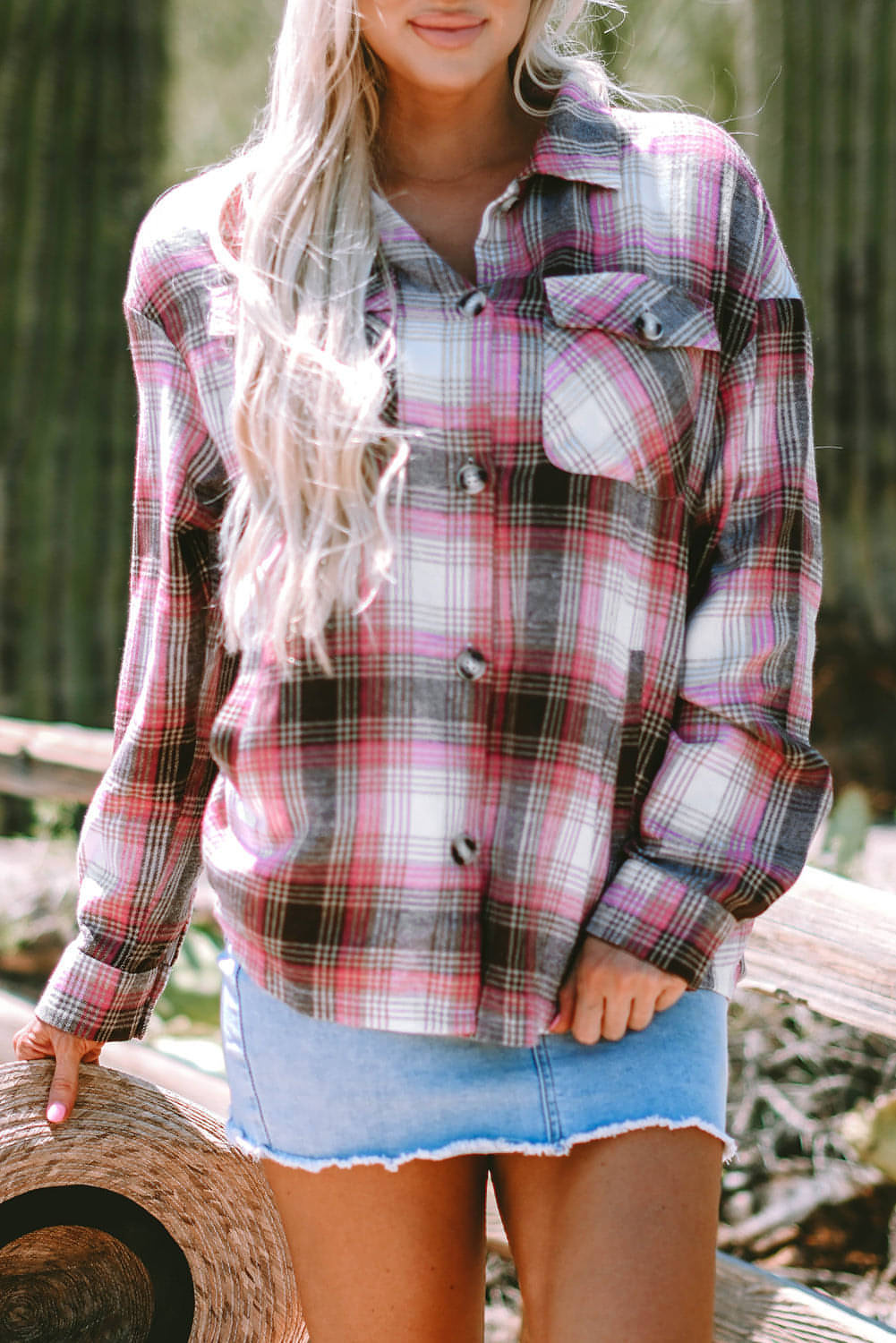 Pink Plaid Flap Pocket -knapp Up Shacket