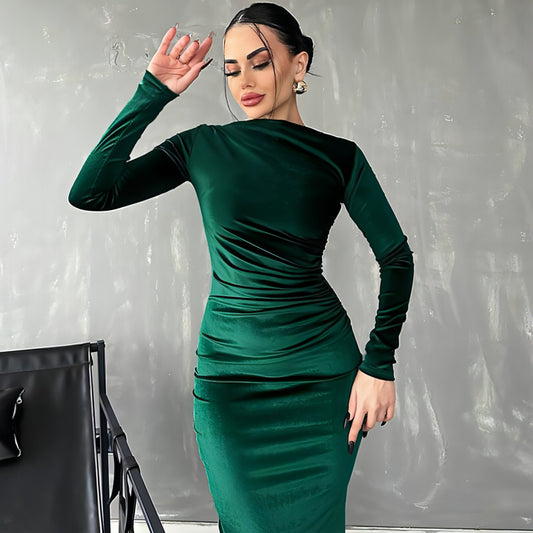 A1. Fashion Solid Color Slim Pleated Round-neck Long-sleeved Dress