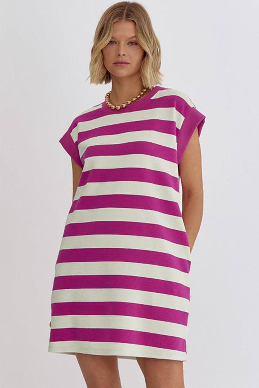 Rose Stripe Cap Sleeve Pocketed Shift T-shirt Dress