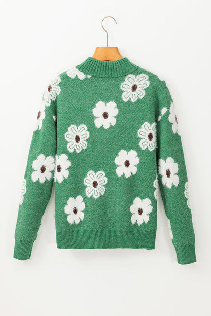 Grüner Blumenmuster halbe Reißverschluss -Schulterpullover