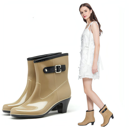 Fashion Buckle Rain Boots Female Mid-tube Non-slip Rubber Shoe Covers