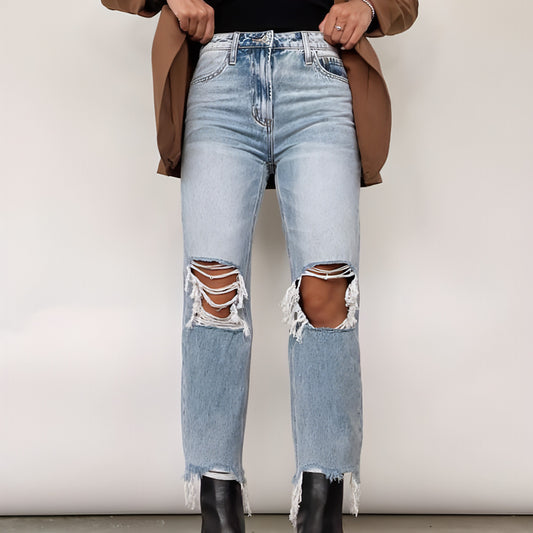 Water Washed Hole High Waist Loose Straight Trousers Women Jeans