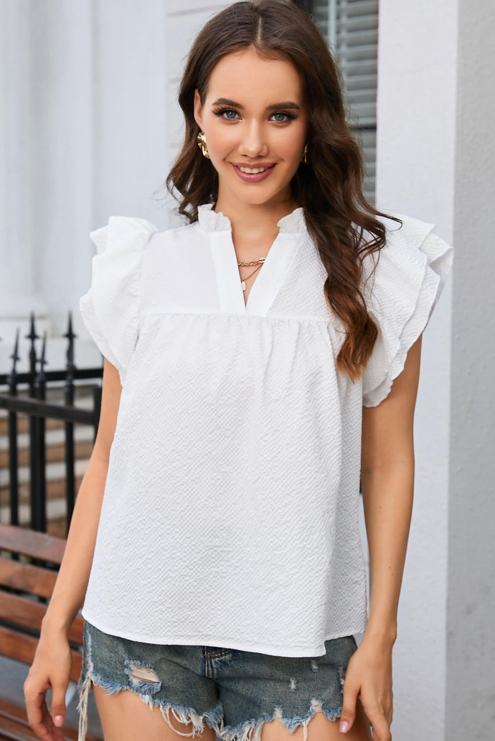 White Ruffle Accent Flutter Sleeve Notch Neck Top