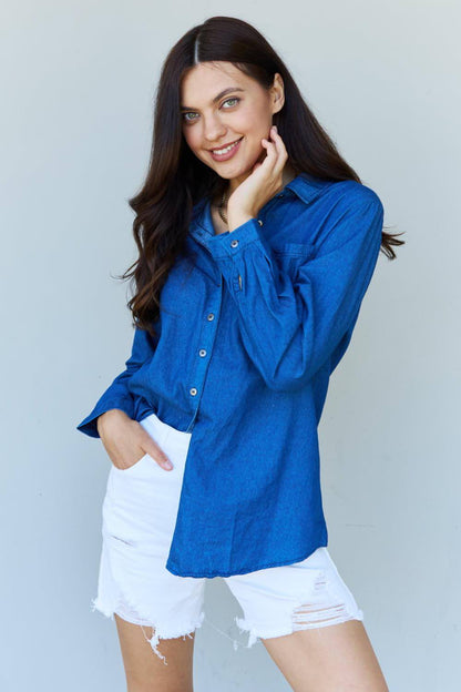 Doublju Blue Baby Denim Button-Down-Hemdoberteil in Dunkelblau