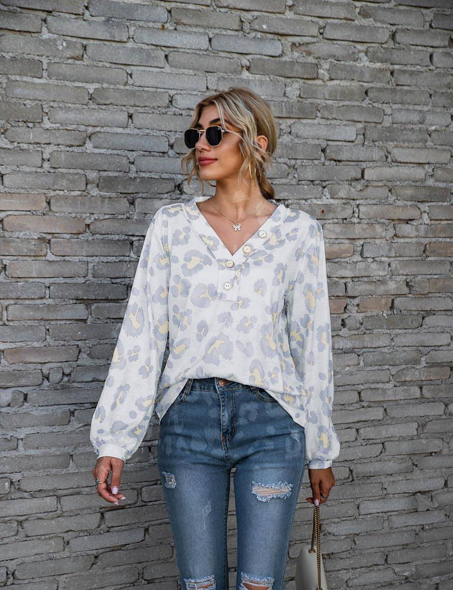 Leopard Print Printed V-neck Off-the-shoulder Long Sleeve T-shirt Women