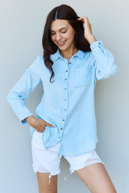 Doublju Blue  Baby Denim Button Down Shirt Top in Light Blue