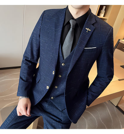 Fashion Mesh Plaid Men Tuxedo Three-piece Suit